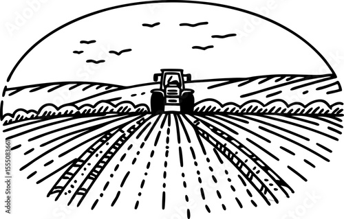 Tractor cultivating farmland at sunrise rural agriculture landscape with fields, crops, clouds, and birds in line art