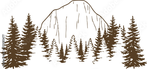 Mountain landscape with evergreen trees minimalist nature illustration, forest silhouette with rocky peak