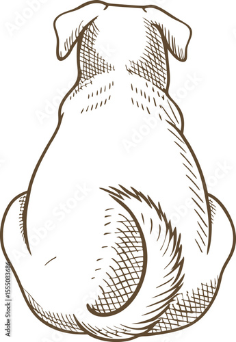 Sitting dog rear view hand drawn sketch of loyal pet animal with curled tail, isolated on white background