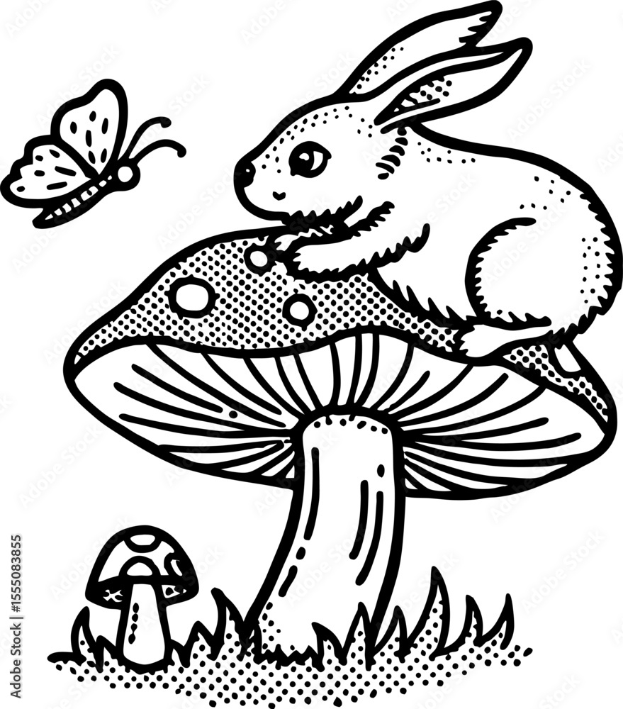 Obraz premium Rabbit resting on large mushroom watching butterfly, woodland scene with nature and fantasy illustration