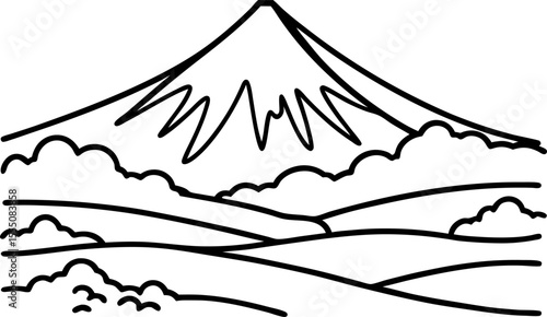 Mountain landscape outline with clouds and fields hand drawn nature scene, minimalist line art illustration