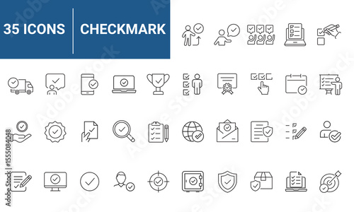 Check mark set of web icons in line style. Approve icons for web and mobile app. Approve, check marks, ticks, inspector, quality check, approved icons and more. Vector illustration