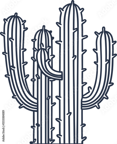 Large desert cactus illustration hand drawn prickly plant, linear outline of succulent with tall segmented arms