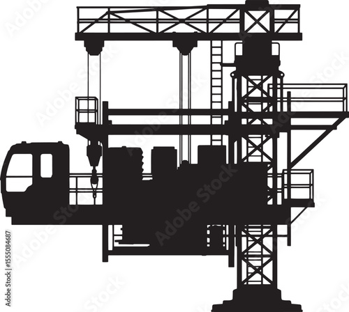 Construction Hoist Flat Silhouette with Cabin and Tower, Construction Material Handling Vehicles Vector Illustration