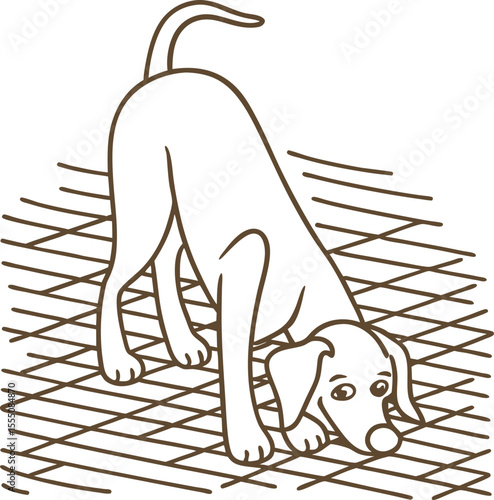 Curious dog sniffing floor, searching with nose down outline drawing of canine exploring with interest indoors
