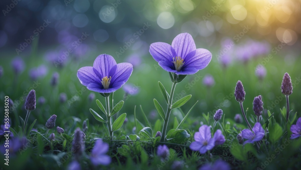 Fototapeta premium Purple flowers blooming in a garden during sunlight. Nature, blossoms, and floral scenery. The peaceful beauty of flowers in a natural setting.