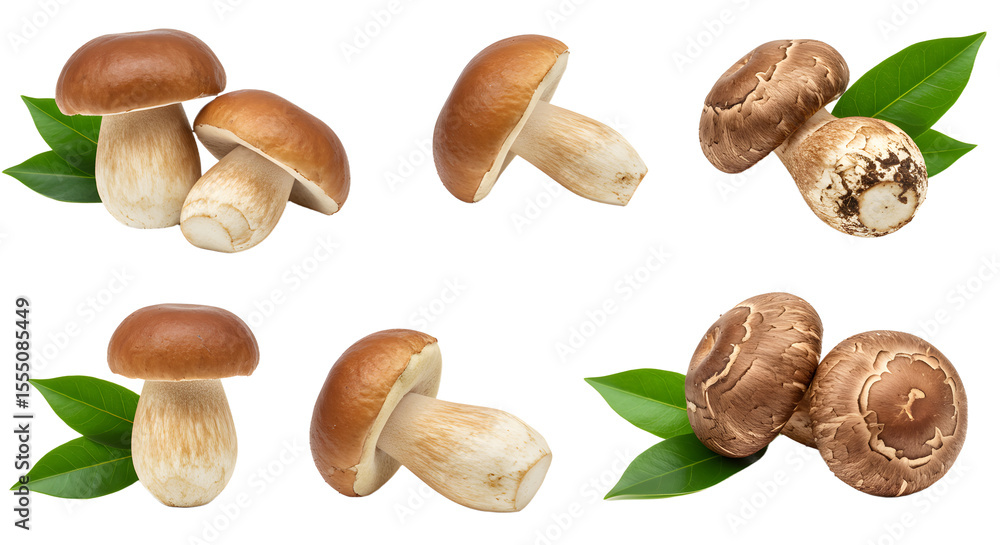 Fototapeta premium A vibrant display of various mushrooms on green leaves, showcasing their unique shapes and textures against a clean background