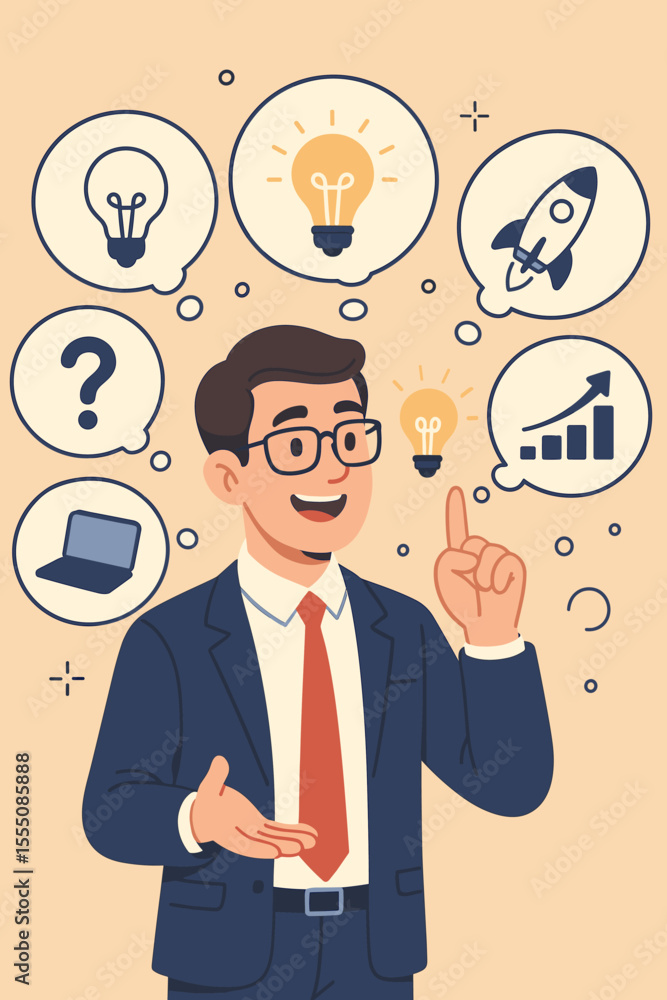 Businessman brainstorming creative business ideas. Concept of innovation, startup launch, and growth strategy. Man with lightbulb pointing up. Solution, success, and planning vector. Businessman brainstorming creative business ideas. Concept of innovation, startup launch, and growth strategy. Man with lightbulb pointing up. Solution, success, and planning vector.