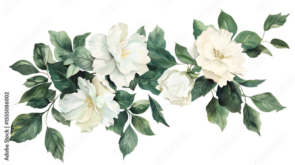 Fototapeta premium Elegant Watercolor White Flower Frame Botanical Art Print on transparent background 