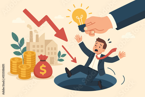 Business bailout and support concept. Hand gives a lightbulb idea to a businessman falling into a financial crisis hole. Metaphor for corporate rescue, investment, and hope.