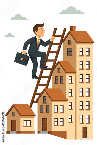 Businessman investor climbing a ladder against houses. Real estate agent success metaphor. Property market growth, career ambition, financial goals, and wealth building. Vector.