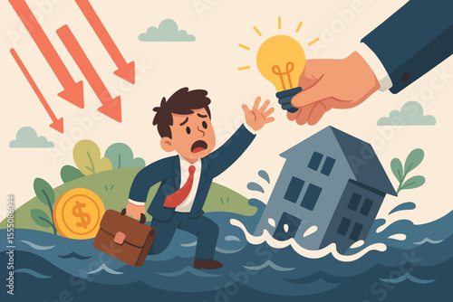 Bailout and support concept. Businessman in financial crisis with sinking house. Hand offers lightbulb idea for a solution, giving hope during economic recession and bankruptcy.