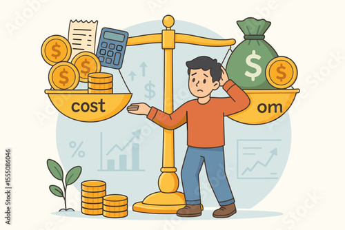 Financial management concept of balancing cost and income. Worried man with scales shows expenses outweighing revenue. Budget deficit, money problem, financial crisis cartoon vector.