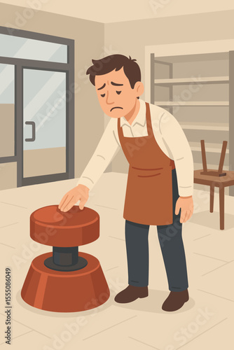 Small business failure. A disappointed man in an apron is closing his empty shop, pressing a giant red stop button. Metaphor for bankruptcy, financial crisis, and liquidation.