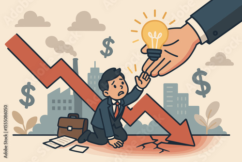 Business bailout and financial support concept, helping struggling businessman in economic crisis, financial downturn, hope and rescue, investment aid, economic recovery illustration