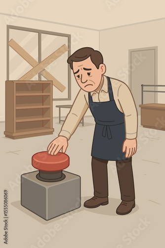 Business closure and bankruptcy concept. Sad disappointed owner pressing a giant red stop button in his empty store. Metaphor for financial crisis, debt, and entrepreneurial failure.