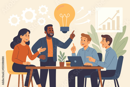 Business meeting and brainstorming session. Diverse team collaboration for creative ideas and innovation. Startup growth concept with a lightbulb and chart. Teamwork and strategy.