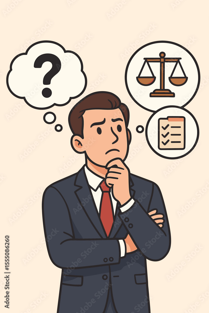 Businessman decision making concept. Confused executive weighing options. Legal balance, checklist, question mark. Corporate dilemma, priority analysis, choice, responsibility. Vector illustration. Businessman decision making concept. Confused executive weighing options. Legal balance, checklist, question mark. Corporate dilemma, priority analysis, choice, responsibility. Vector illustration.