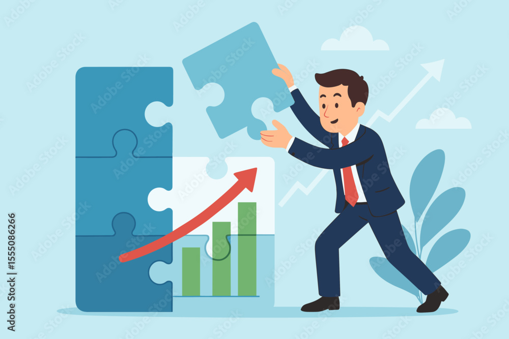 Businessman assembling puzzle piece for business growth, success strategy, development, teamwork, financial progress, upward graph, solution concept, cartoon vector illustration Businessman assembling puzzle piece for business growth, success strategy, development, teamwork, financial progress, upward graph, solution concept, cartoon vector illustration
