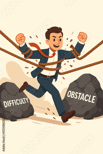 Determined businessman breaking free from ropes, overcoming obstacles and difficulties, career success, perseverance, resilience, business challenge, motivation, vector cartoon illustration