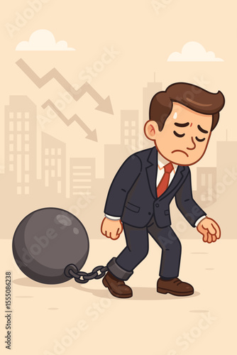Stressed businessman in suit chained to heavy ball, symbolizing financial crisis, debt burden, business failure, economic downturn, bankruptcy, loss, stress, cartoon city background illustration