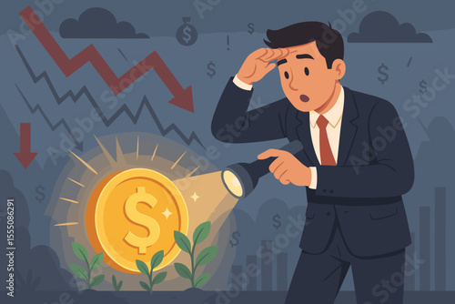 Businessman searching for investment opportunities in economic downturn. Financial crisis concept. Finding profit in recession. Money growth, risk management, market analysis. Vector illustration