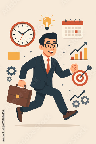 Businessman running with briefcase mastering time management, productivity, business goals, planning, deadline, growth, leadership, innovation, target achievement, success concept vector illustration