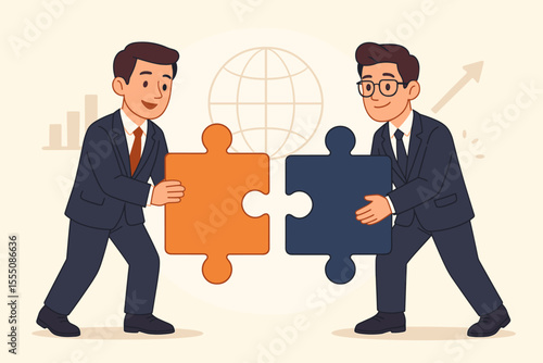 Businessmen teamwork collaboration solving puzzle pieces, strategic partnership, business cooperation, joint venture, corporate alliance, partnership agreement, vector cartoon illustration