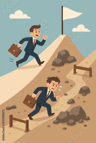 Businessmen competing on different career paths to success, shortcut versus hard work, overcoming obstacles, business competition, perseverance, ambition, goal achievement, vector illustration
