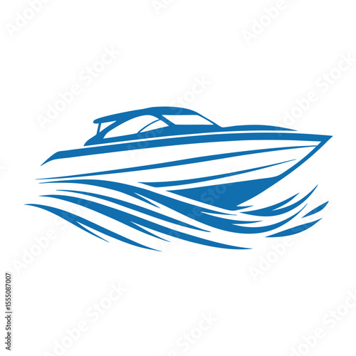 Sleek blue motorboat gliding through stylized waves water speed