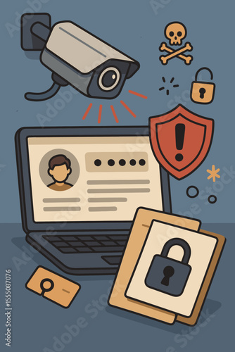 Cybersecurity threat concept. CCTV camera spying on private data, personal information, identity theft, hacking, password security breach, online privacy risk, digital protection cartoon illustration