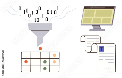 Binary code flows through a funnel into a table grid, accompanied by a computer screen and printed documents. Ideal for data management, analytics, automation, sorting, categorization, workflow