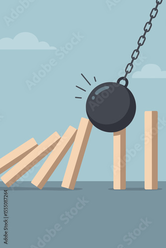 Wrecking Ball Collides with Falling Dominoes Chain Reaction, Business Crisis, Risk Management, Destruction, Impact, Failure, Disruption, Unforeseen Consequences, Vector Cartoon Illustration