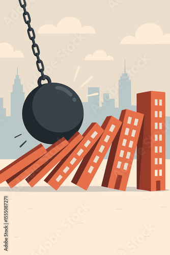 Wrecking ball destroying domino effect buildings, metaphor for business crisis, risk management, financial collapse, disaster, instability, urban city silhouette, vector cartoon illustration