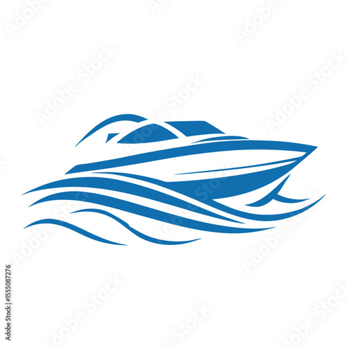 Sleek blue motorboat gliding through stylized waves water