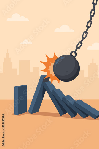 Wrecking ball crashing into falling dominoes, business crisis metaphor, risk management failure, chain reaction, disaster, collapse, impact, cartoon vector illustration, no text