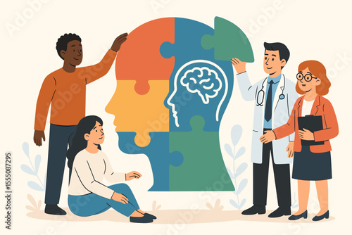 Mental health support teamwork concept. Diverse people, doctor, therapist collaborating. Human head puzzle, brain, psychology, psychiatry, counseling, therapy, mental wellness, vector illustration