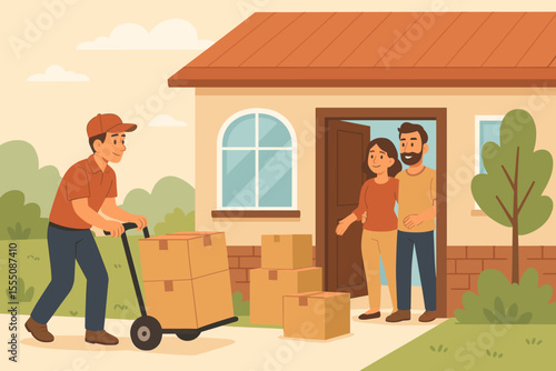 Moving day delivery service concept. Courier delivering cardboard boxes to new home. Family receiving packages at house entrance. Relocation, shipping, logistics, transportation vector illustration