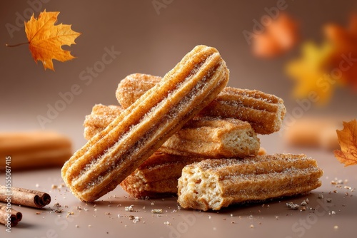 Fototapeta Naklejka Na Ścianę i Meble -  Pumpkin spice churro in focus with Vermont fall foliage behind orange maple leaves floating warm and cozy autumn vibe.