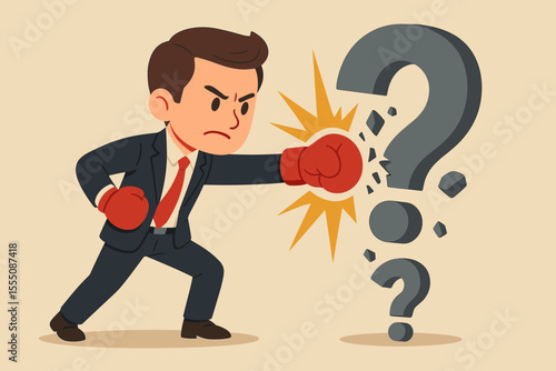 Confident businessman in suit with boxing gloves smashing large question mark, overcoming obstacles, solving business challenges, determination, leadership, motivation, success concept illustration