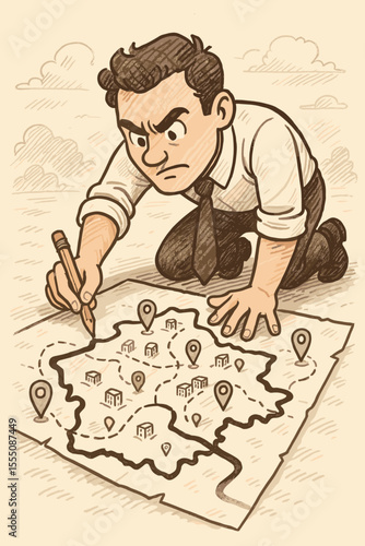 Ambitious businessman planning business expansion strategy, sketching territory map with pencil, location markers, office buildings, conceptual leadership, entrepreneurship, vision, cartoon vector