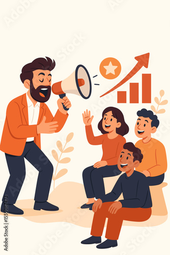 Motivational speaker engaging diverse audience with megaphone, leadership training, team building, business growth, communication skills, success concept, cartoon vector illustration