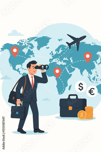 Businessman Exploring Global Markets for International Trade, Overseas Investment, Financial Expansion, Worldwide Opportunities, Corporate Travel, Globalization, Economic Growth Vector Illustration