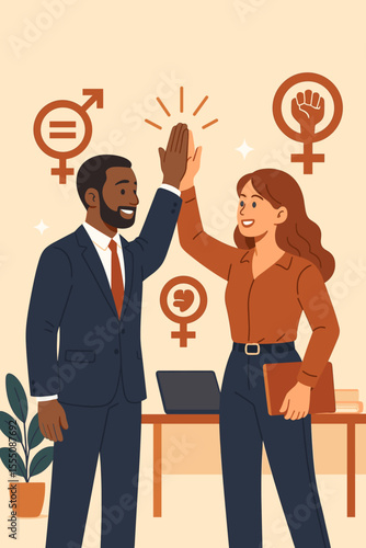 Gender equality teamwork success in workplace. Diverse business man and woman high five. Empowerment, inclusion, feminism, equal rights, office collaboration, professional partnership illustration