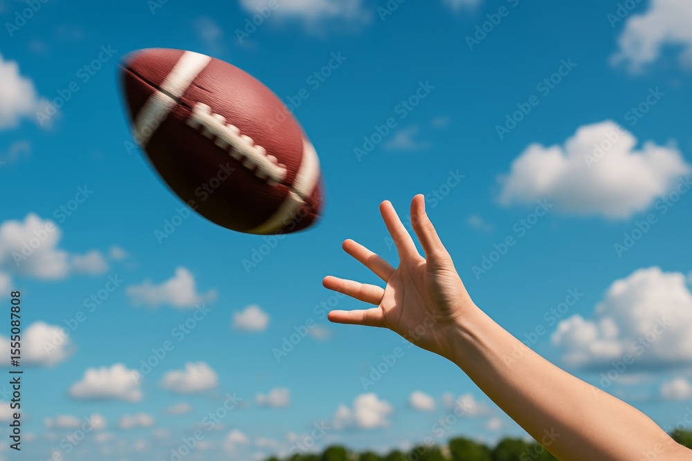 American Football Toss Hand Reaching for Flying Ball Against Blue Sky and Clouds American Football Toss Hand Reaching for Flying Ball Against Blue Sky and Clouds