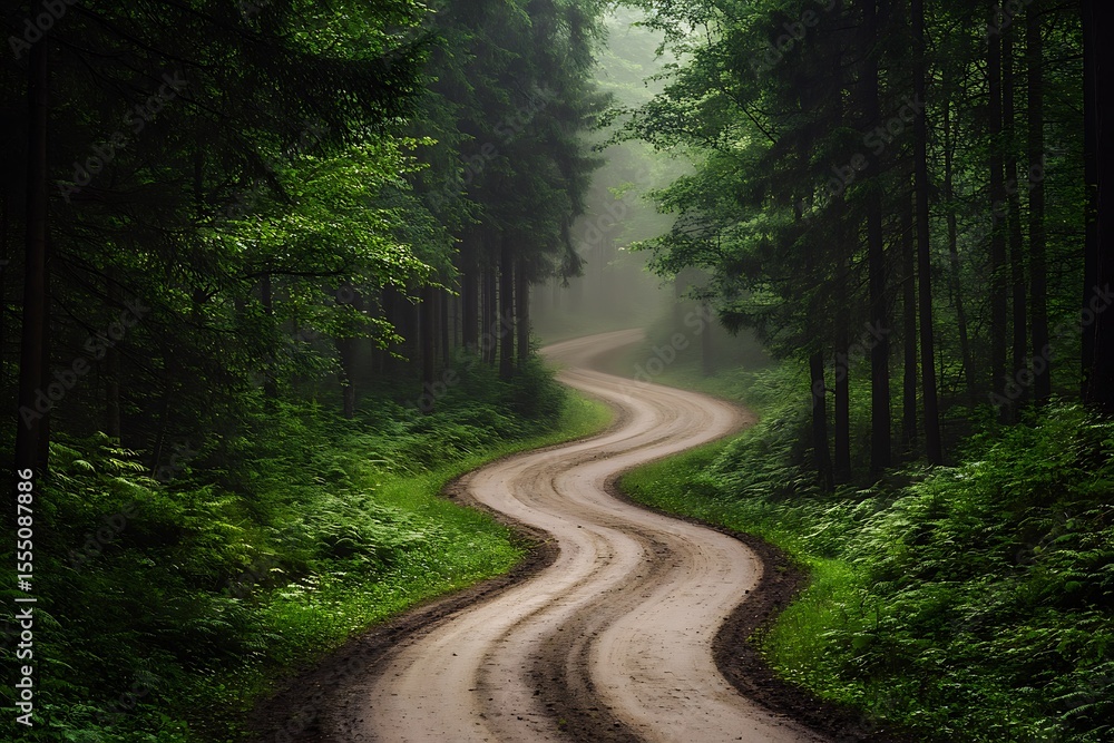 Naklejka premium Serpentine dirt road winding through a lush green forest on a misty morning