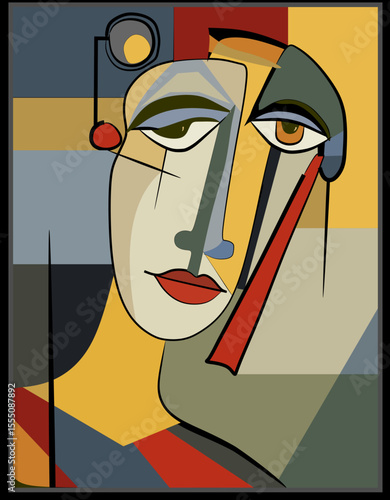 A geometric representation of a face,The background contains a mix of warm and cool colors, creating a dynamic and engaging visual effect.