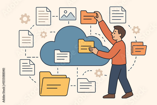 Man organizing digital files in cloud storage, efficient document management, online data organization, cartoon vector illustration, cloud computing, workflow optimization, file sharing concept