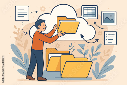 Man organizing digital files in cloud storage, efficient electronic document management, data folders, cloud computing, online backup, workflow organization, vector cartoon illustration