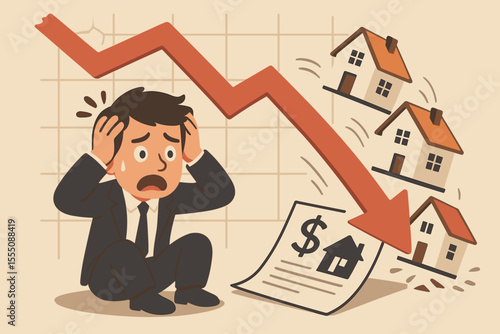 Housing Market Crash Concept. Worried Investor in Suit Reacts to Falling Real Estate Prices, Mortgage Crisis, Plummeting Property Value, Financial Loss, Economic Downturn Vector Illustration